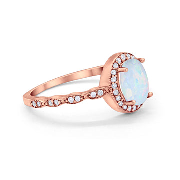 Oval Engagement Ring Halo Bridal Rose Tone, Lab Created White Opal 925 Sterling Silver